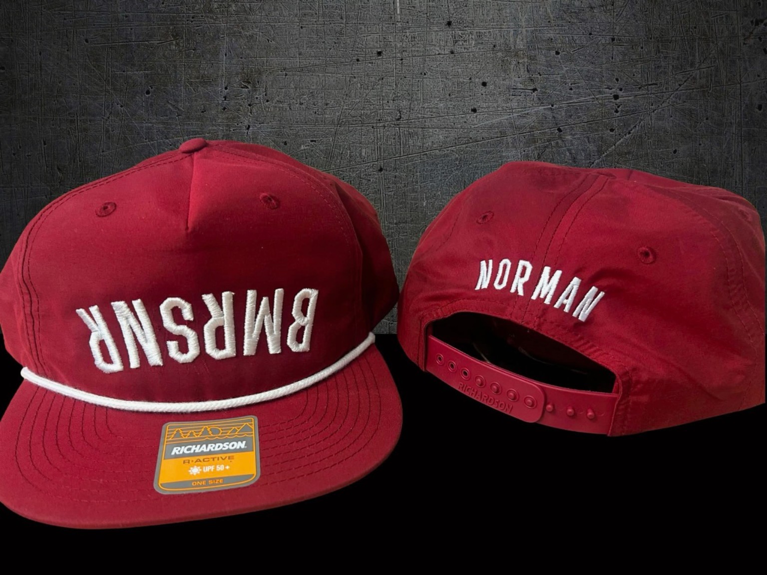 Front and back views of a crimson Vibe Creative Worx rope hat with white embroidery and NORMAN embroidered above the rear opening